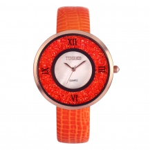 Time100 Fashion Diamond Shell Dial Rose Red Genuine Leather Quartz Watch W50280L